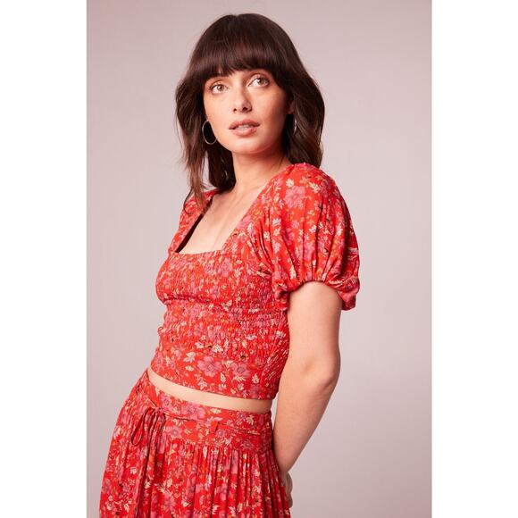 Band Of The Free Ditsy Floral Smocked Crop Top L Red Puff Sleeve Tie Back Boho - Picture 3 of 10